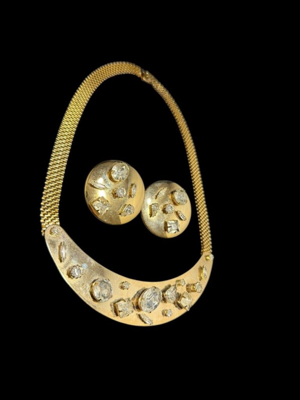 Vintage Jewelry Set Yellow Gold Plated Clip On Earrings Necklace Rhinestones